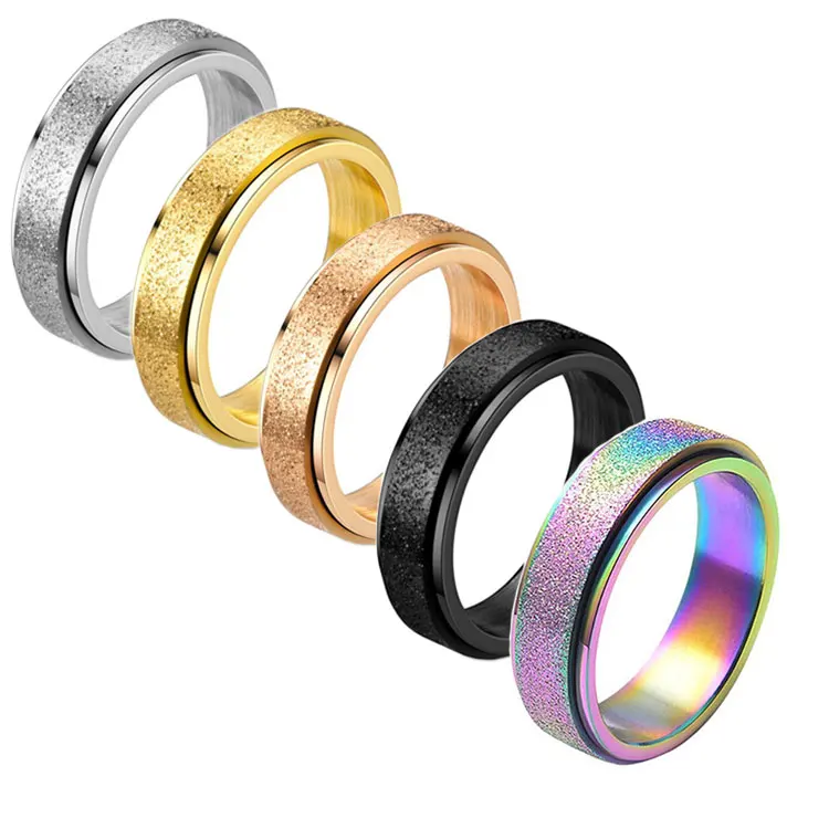 

SC Best Selling Mens Rotating Anxiety Ring Fashion Frosted Glitter Stainless Steel Rings Double Layer Spinner Fidget Rings Women, Gold, silver, black, blue, rose gold, rainbow