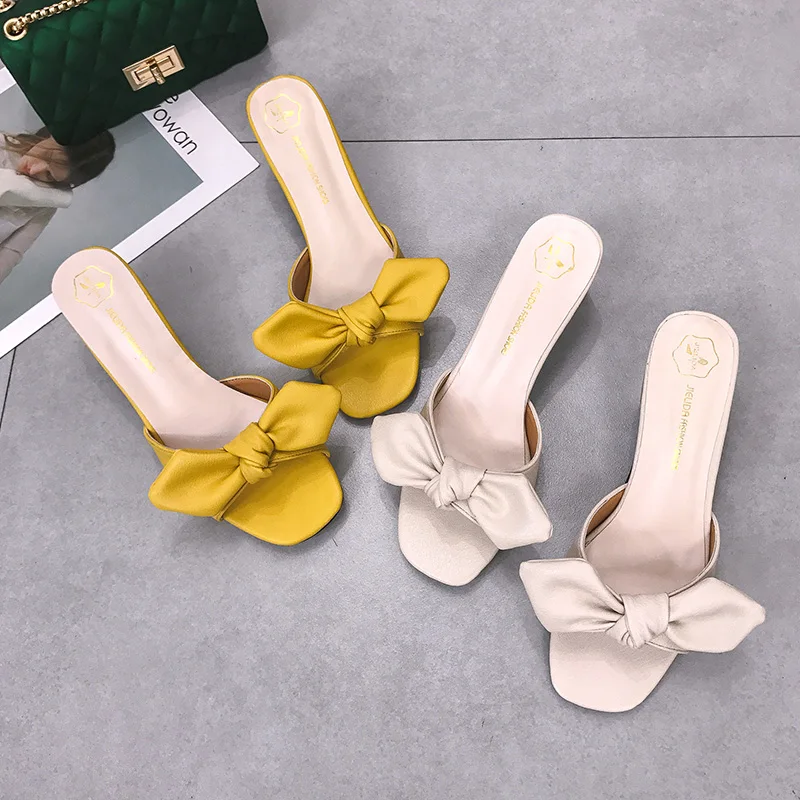 

Bright yellow bow thick heel sandals women slippers 6677, Yellow,beige
