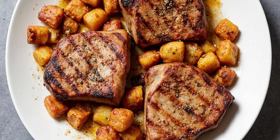 Pork chops being rubbed with seasoning