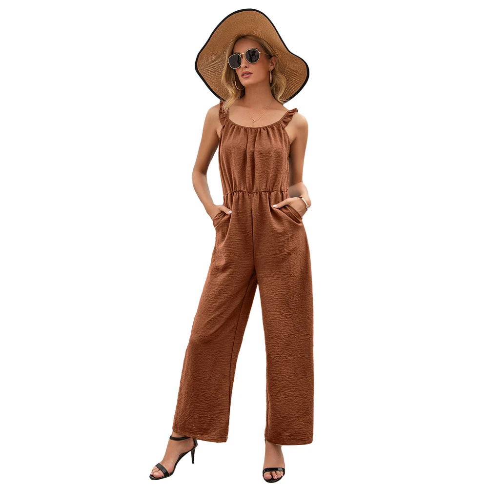 

2021 hot fashion solid plain color sleeveless jumpsuit open knot waist retro long tidy jumpsuit