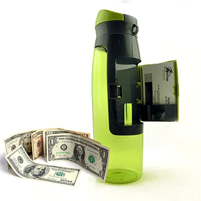 

2020 Hot Sale 750ML Wallet Water Bottle BPA Free Sports Water Bottle With Storage Compartment Customized Logo Acceptable, Grey, green, blue,red,black