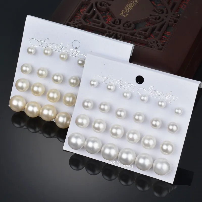 

12 Pairs White Imitation Pearl Women In-Ear Jewelry Ball Stud Earrings set