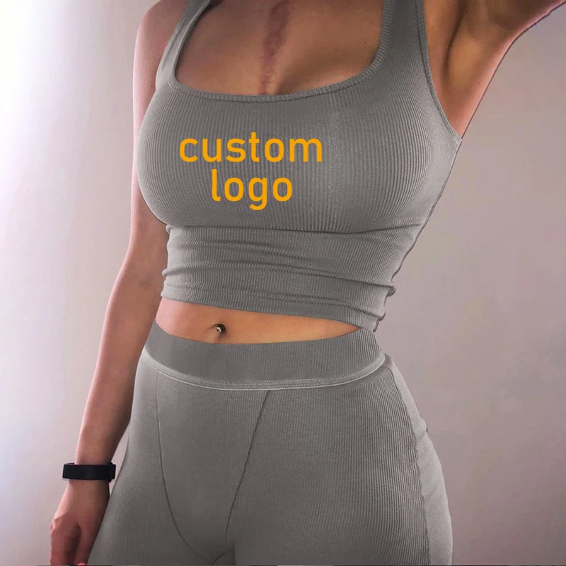 

2022 Two Piece Short Set Custom Logo Ribbed Knitted Women Skim Lounger Wear Grey Two Piece Tank Top Legging Short Set, Picture