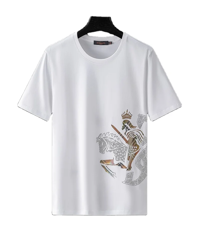 

New personality popular logo men's wear bright color burnt flower hot drill Knight cotton semi-short sleeve T-shirt