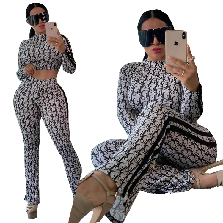 

2021 Spring Women Long Sleeve Crop Top Long Pants Suit Elegant Print Slim Fit 2 Piece Set