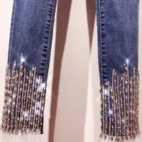 

Factory Trendy Beading Rhinestone cotton stretch Jean pants Women slim fit bling bling diamonds fur decoration jeans mujer