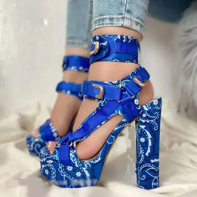 

Satin chunky female high heeled sandals 12CM ankle buckle strap platform sandals large size block heel sandals, Pictures shown