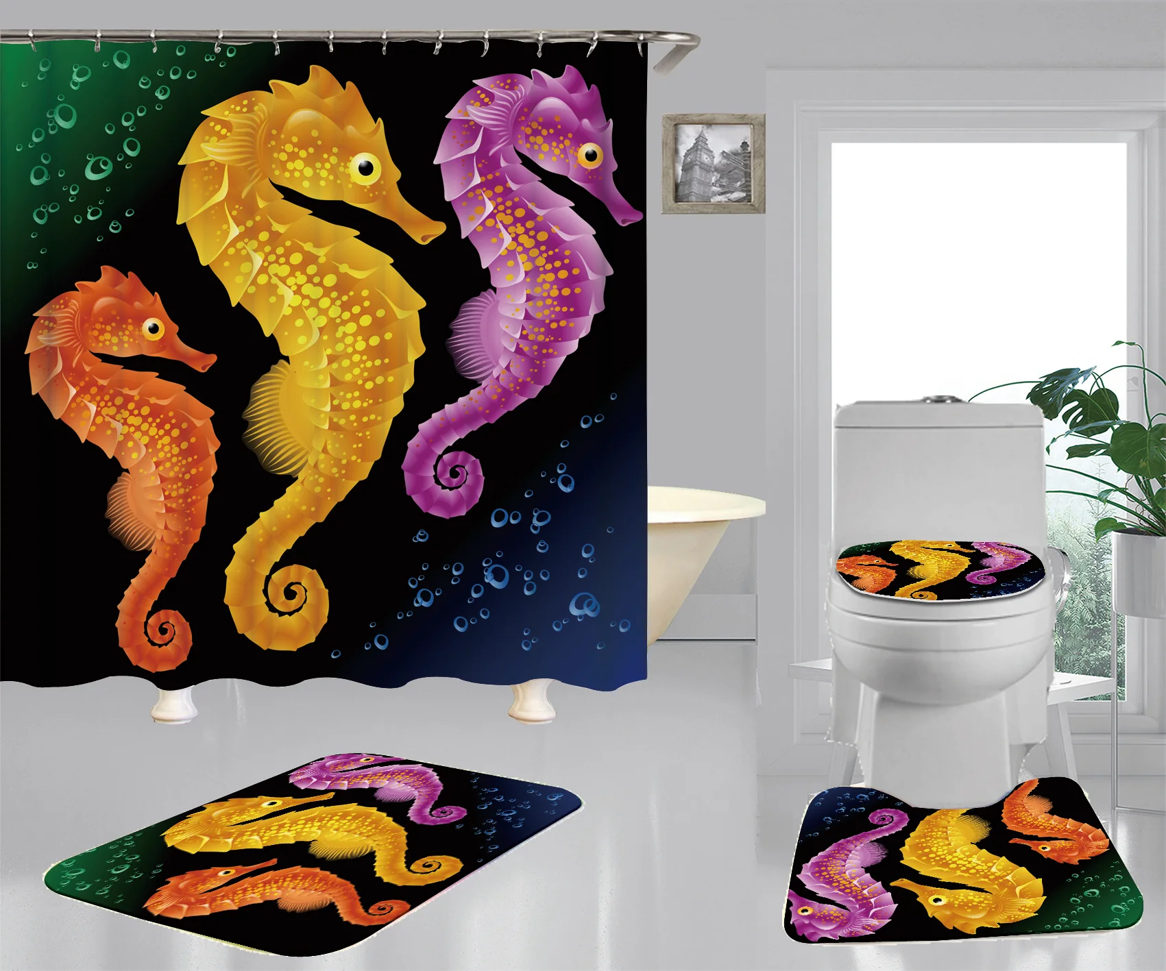 

Colorful Hippocampal Printing Shower Curtain Soft Toilet Mat Carpet