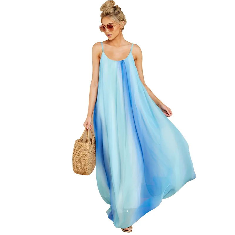 

2021 sexy gradient Chiffon suspender beach skirt Amazon popular pregnant woman large dress Beach mop skirt