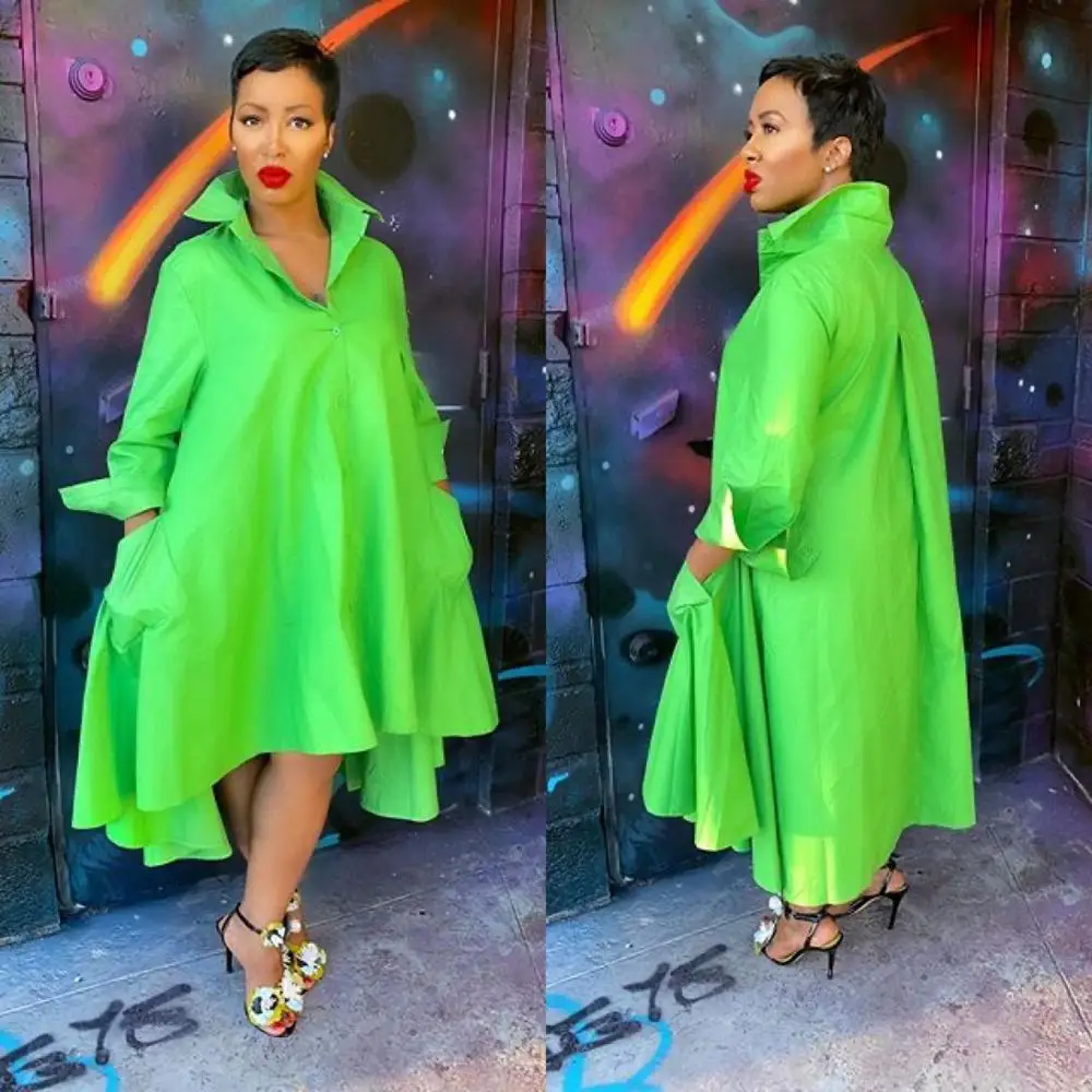 

2020 New Fashion solid color pockets loose casual long sleeve shirt-dress casual Dress, Shown