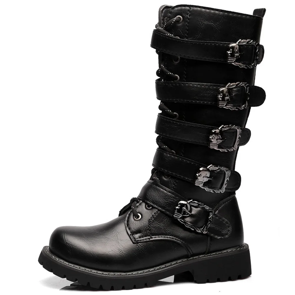 

Motorcycle Combat Boots for Men Mid Calf Block Heel Skeleton Decoration Monk Straps Synthetic Leather, Black