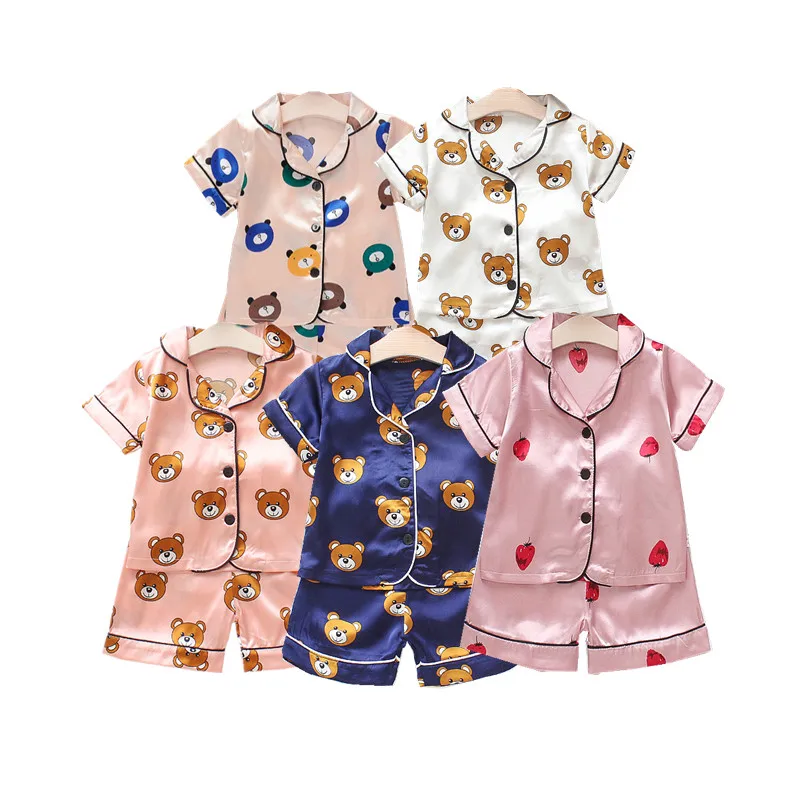 

Summer Cool Kids Satin Pajamas Baby Girl Sleepwear Cartoon Bear Sleep Top Shorts Outfits, Leopard print