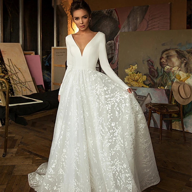 

100 Dollar Long Sleeves Wedding Dress Deep V Neck White Lace Wedding Dress, Shown