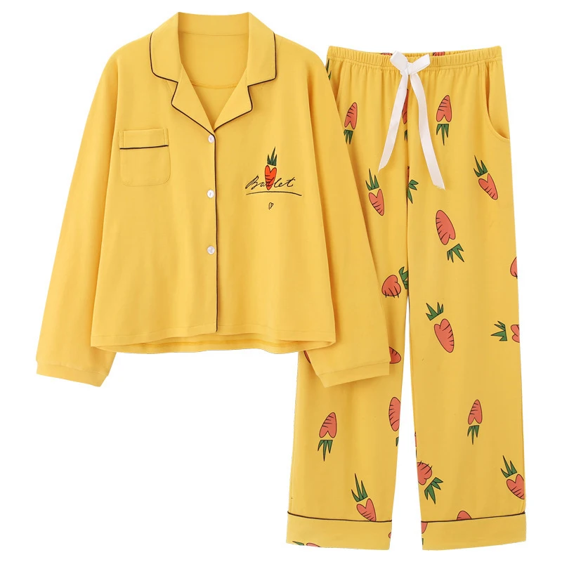 

Women Winter Pajamas Sets Lovely Yellow 100% Cotton Tops Pants Sleepwear