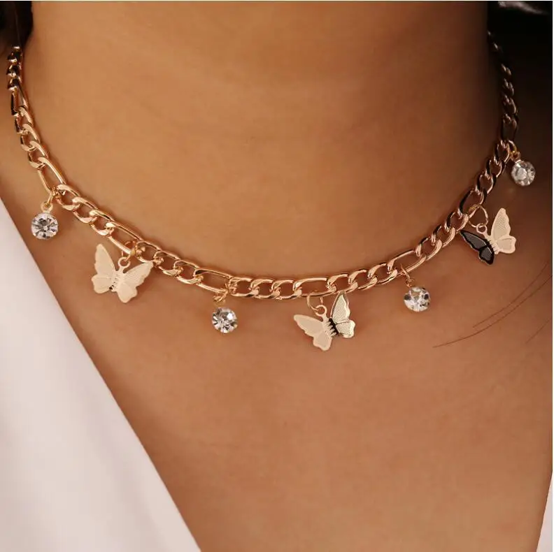 

HongTong New Personality Butterfly Stainless Steel Necklace Ladies Rhinestone Butterfly Pendant Jewelry, Gold,steel