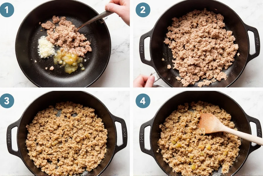Step-by-step preparation of ground turkey browning in cast iron skillet with onions and garlic