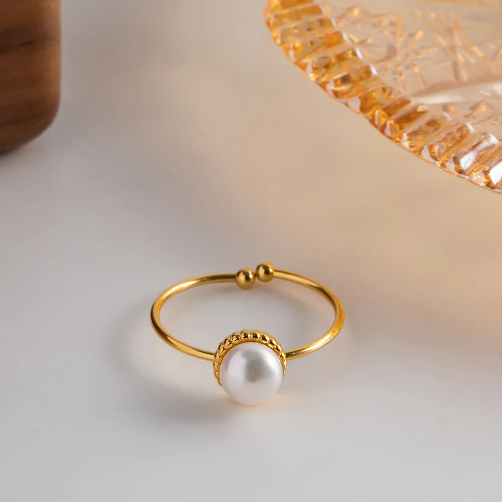 

French Vintage Natural baroque Freshwater Pearl Ring Fine Adjustable Stainless Steel Ring for Women