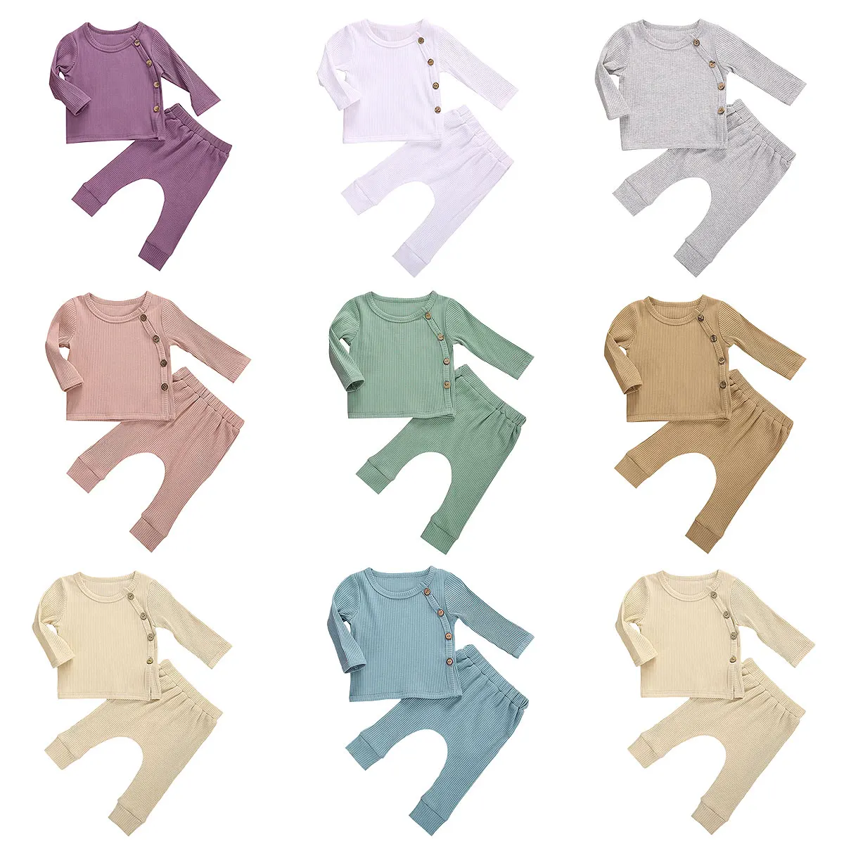 

Infant Newborn Baby Girls Boys 2Pcs Set Solid Ribbed Outfits Set Long Sleeve Slanted Buttons Shirts Pants Spring Autumn Fashion