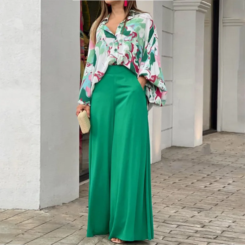 Wholesale Europe and America 2026 Summer Loose Large Size Casual Printed Shirt Tops Wide Leg Pants Women's Sets