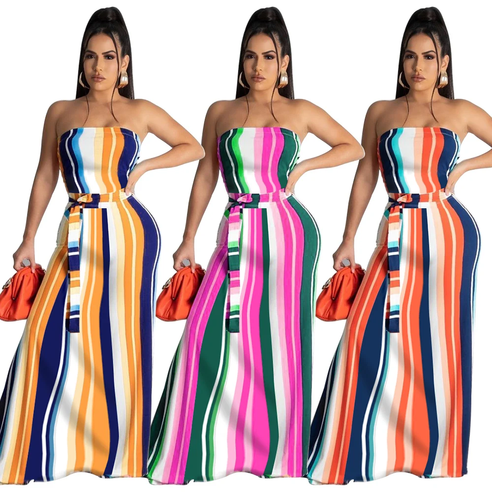 

Factory Direct Sale New Arrival Summer Fashion Sexy Strapless Striped Long Dress