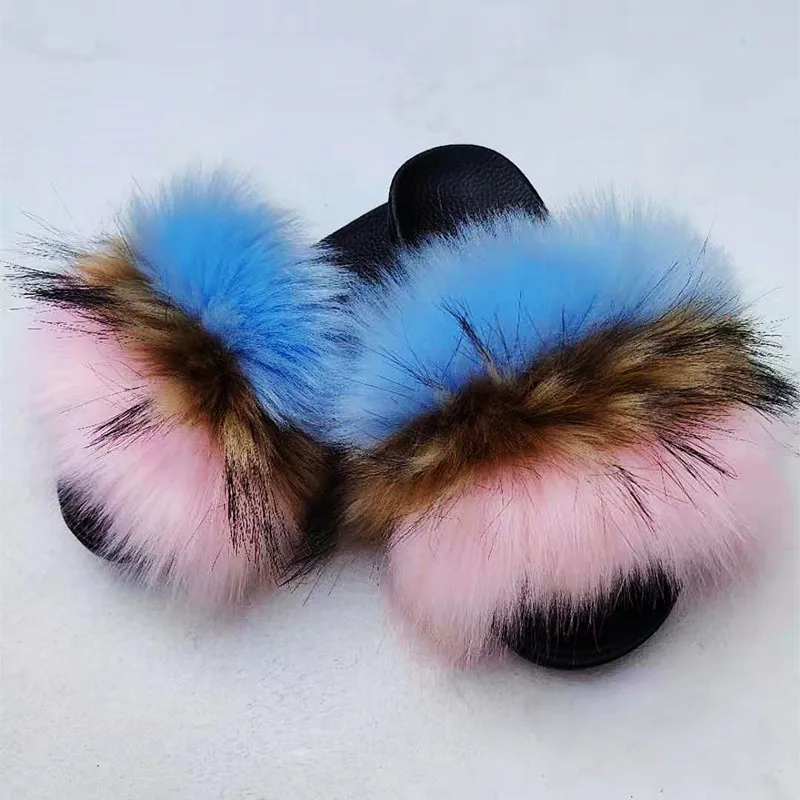 

big racoon furs fluffy indoor slippers bedroom plush bathroom slipper bag with fur brown fur slides, Customized color