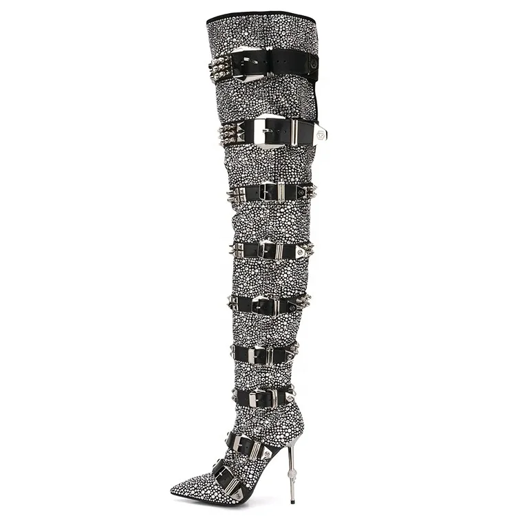 

OEM/ODM Sexy luxury women's boots fashionable skull pointed over the knee boots trend rivet crystal decorative buckle long boots, Black