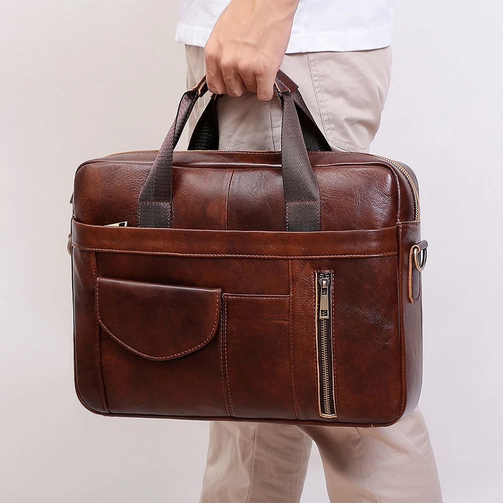 

W218 Men's Retro Briefcase Business Shoulder Bag Real Genuine Cow Leather Messenger Bags 15.6" Laptop Handbags Office Travel