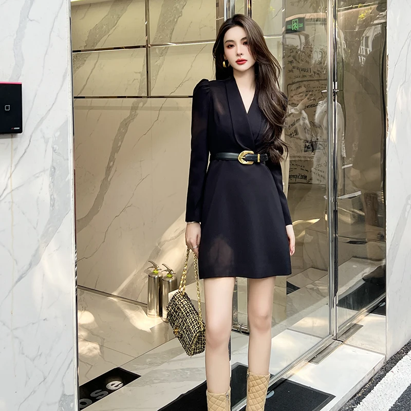 

ZYHT 30015 Fashion Black Official Turn-Down Collar Long Sleeve Ladies Dress Career Office Mini Dresses Women Casual Blazer Dress