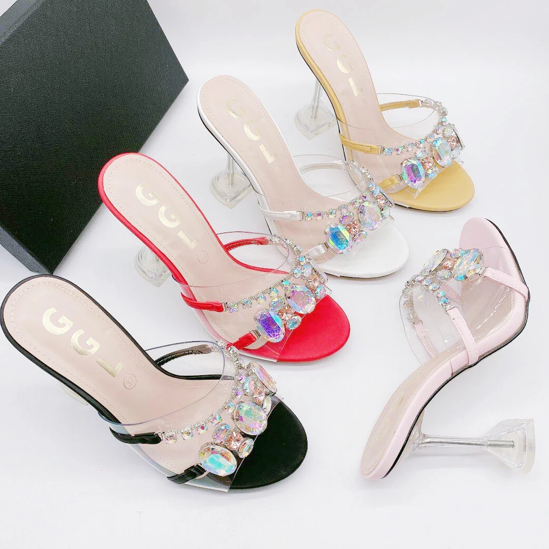 

Colorful Bling Rhinestone Party Dress Shoes Fashion High Heeled Shoes Summer Sandals Clear Slippers PVC Heeled Shoes