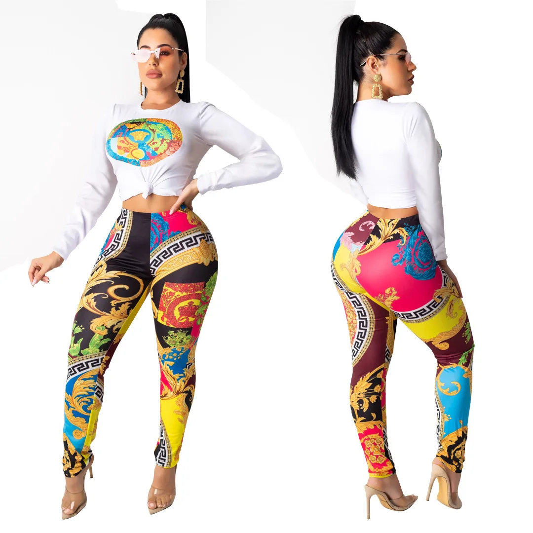 

2021 women's wholesale fashion leisure long sleeve positioning printing two piece set