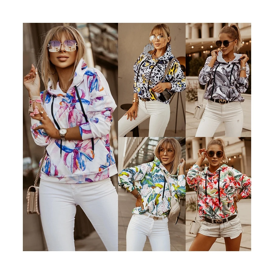 

KCYA floral print organic cotton hoodies sweatshirt pullover hooded sweatshirt