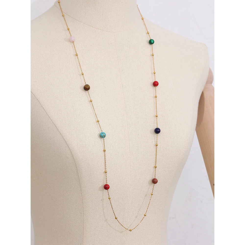

JINYOU 1398 Beaded Handmade Long & Short Stainless Steel Chain Stackable Colorful Natural Stone Handmade Necklace Jewelry Women