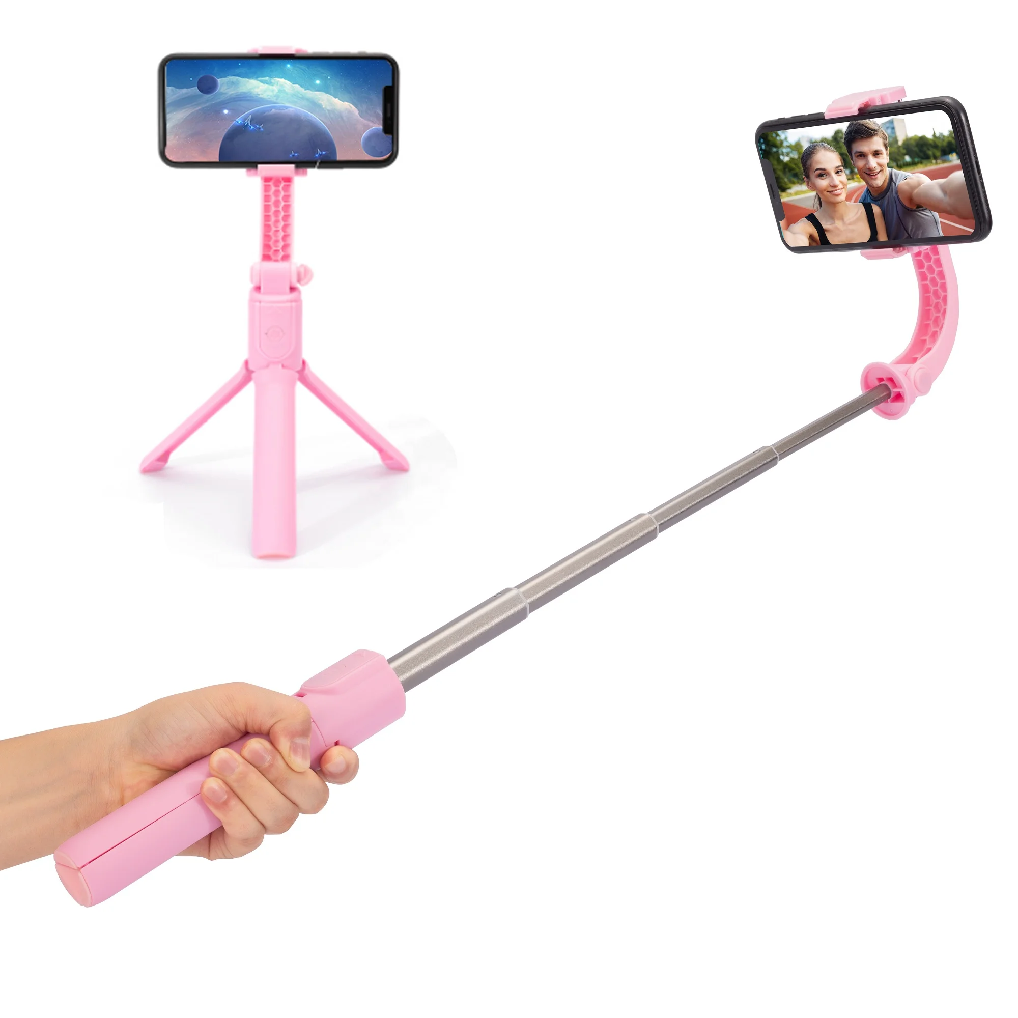 

MASSA hot sale handheld wireless tripod stand alone with remote hands free selfie stick for smartphone, Pink/black
