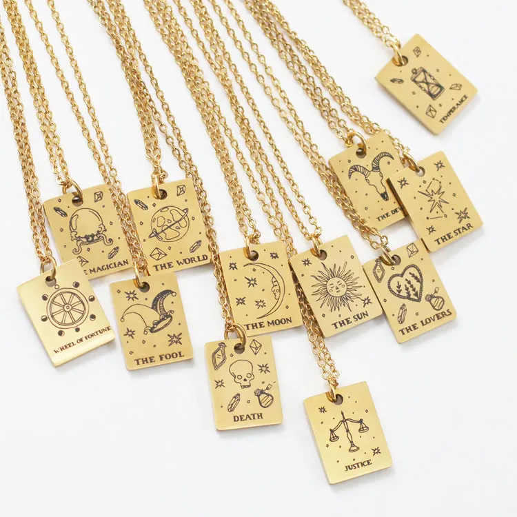 

SC Fashion Square Stainless Steel Constellations Necklace Rectangle Gold Plated Engraved Sun Moon Lovers Tarot Card Necklaces