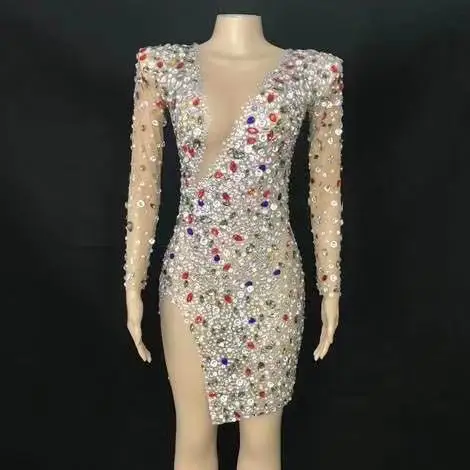 

Brightly Colorful Rhinestones Evening Sexy Dress Prom Sexy Crystals Stretch Mesh Dance Costume Birthday party dresses