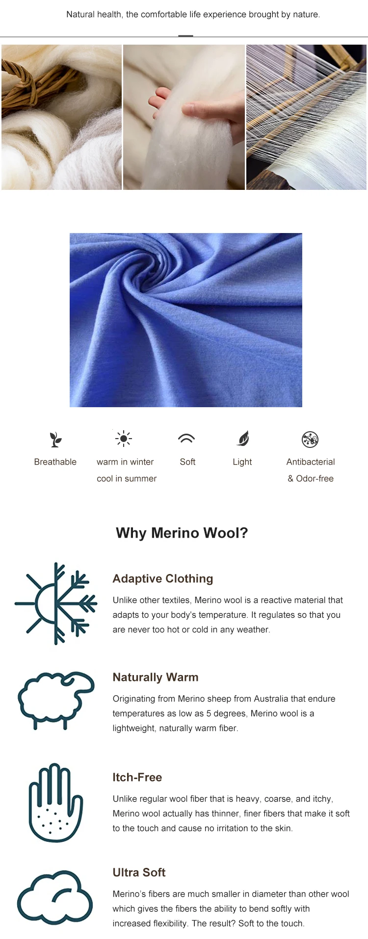 Enerup merino wool cotton lining fabric thermal underwear base layer long john set for men's clothes wear