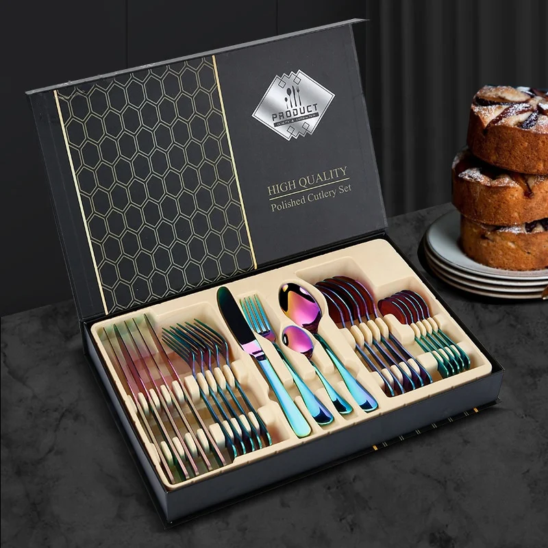 

Factory wholesale premium rain-bow stainless steel portable 24pcs cutlery set