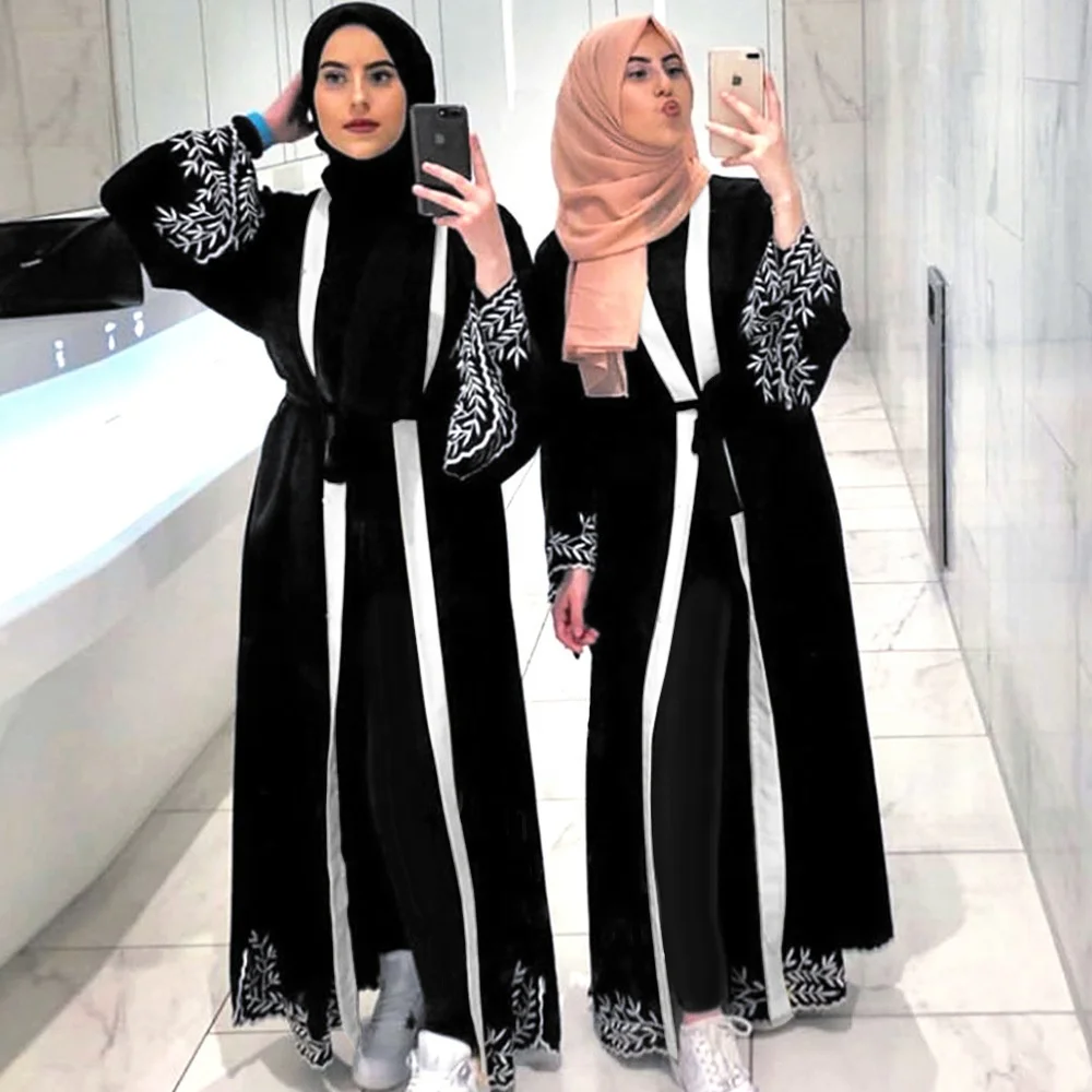 

Dubai kimono open embroidery black abaya women muslim dress islamic clothing