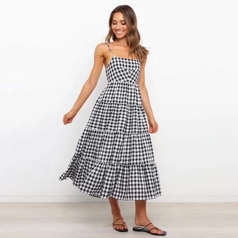 

One Piece Checked Pleated Cotton Tiered Skirt Gingham Dress Cross Back Ruffle Midi Dress Women Summer Elegant checked skirts, Picture