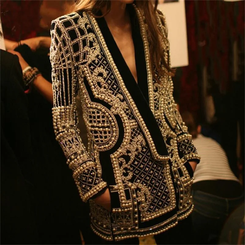 

2021 Sexy deep v-neck long-sleeved bubble blazer jacket trendy bead print women's jacket, Picture