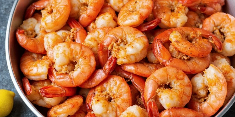 Shrimp cooking in pan with garlic and paprika