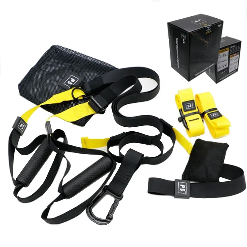 

Pro 3 Resistance Band Suspension Trainer Hanging Belt elastic bands Training Body Exercise Fitness resistance band set, Green/pink/yellow