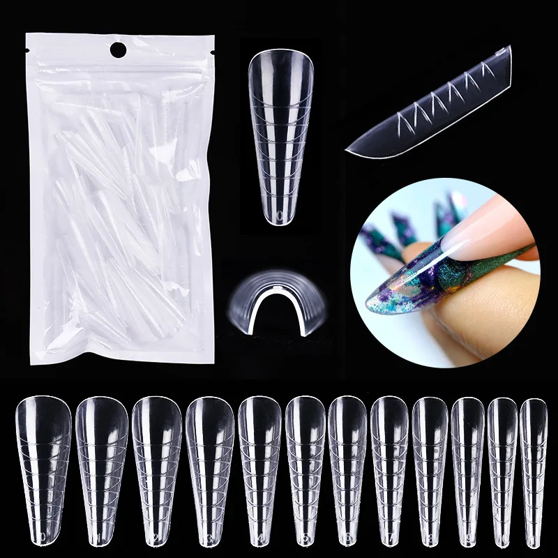 

60PCS Manicure Tool 12 Sizes Scale Clear Gel Nail Molds Acrylic Coffin Nail Extension Dual Form Nail Tips