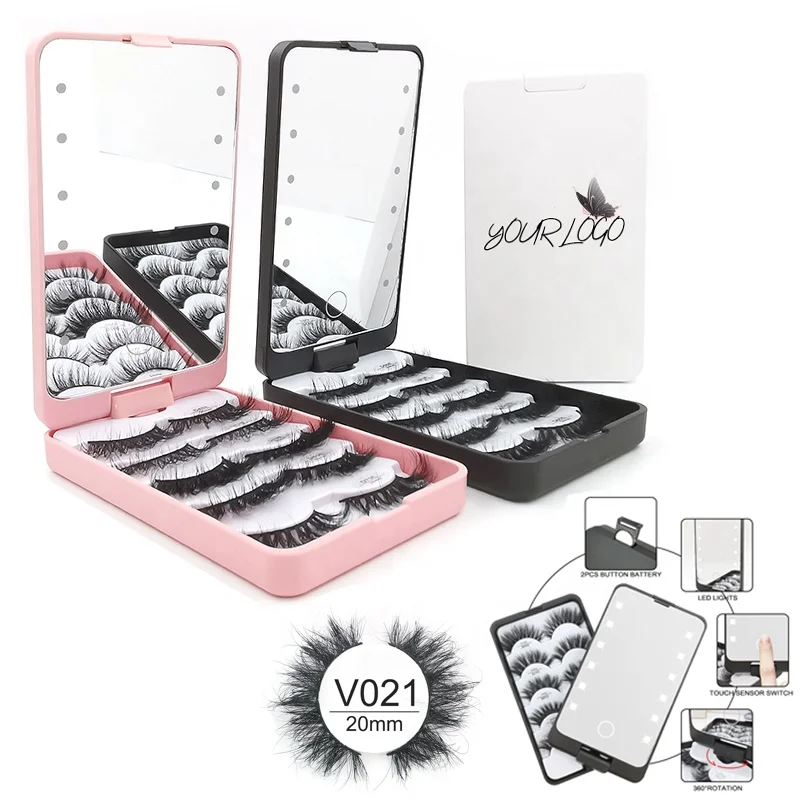 

Private label fluffy curl cruelty free strip mink lashes with luxury 5 pairs eyelashes LED Light Mirror Eyelash Case