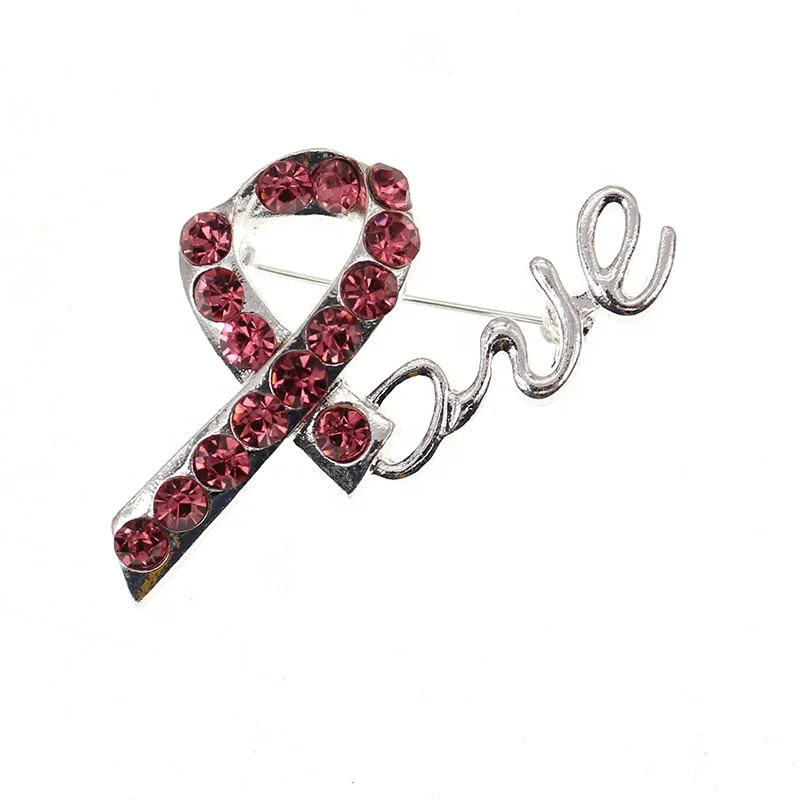 

Free Shipping Lailina Love Metal Rhinestone Pink Ribbon Brooch Pin, As picture