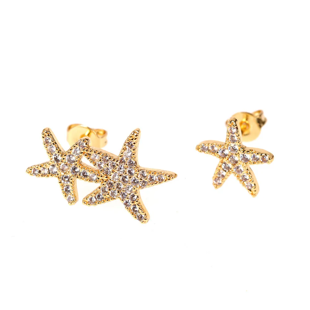 

European 18K Gold Plated Bling Diamond Crystal Starfish Stud Earrings Shiny Cubic Zirconia Star Asymmetry Earring For Women
