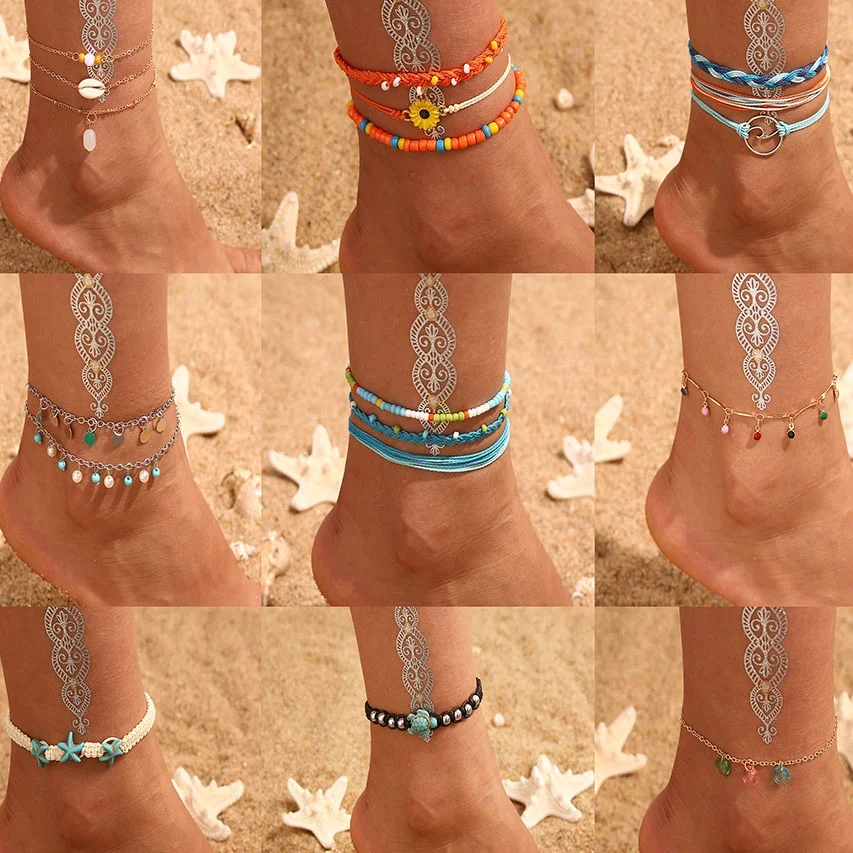 

Vintage Shell Ankle Bracelet Set Women Bohemian Rope Chain Sequin Anklets Summer Beach Girls Barefoot Leg Chain Boho Jewelry