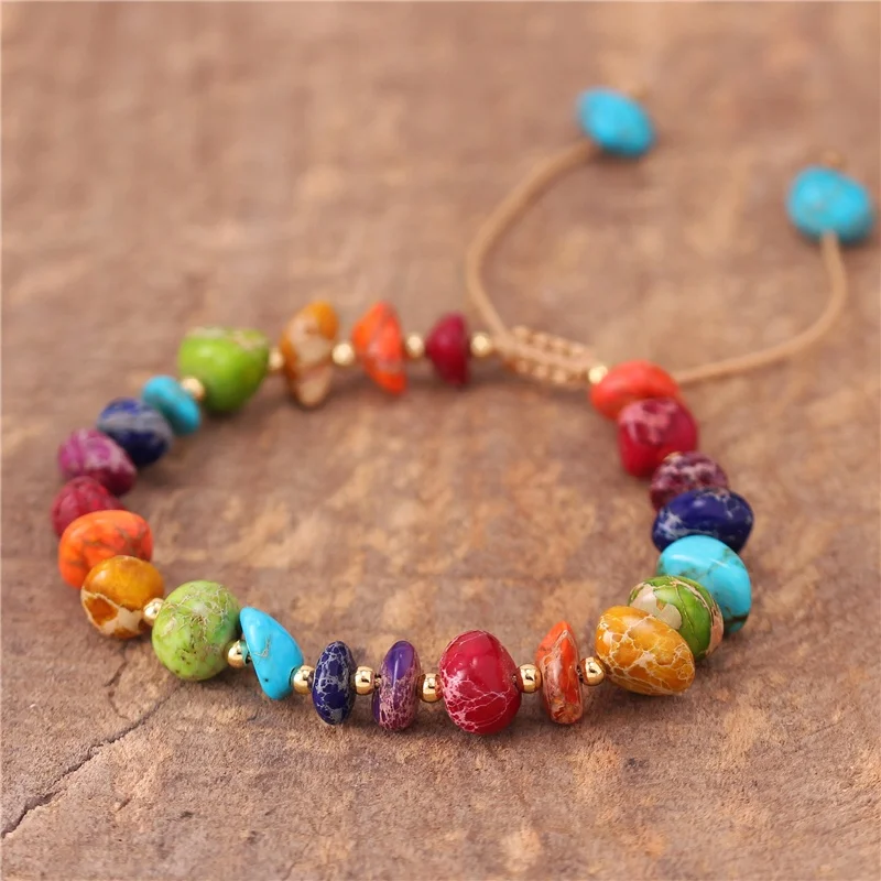 Bohemian Adjustable Natural Raw Imperial Jasper Stone 7 Chakra Beads Bracelet For Women Girl Fashion Jewelry Dropship Wholesale