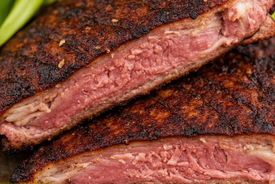Finished BBQ ribs on a plate with rub visible