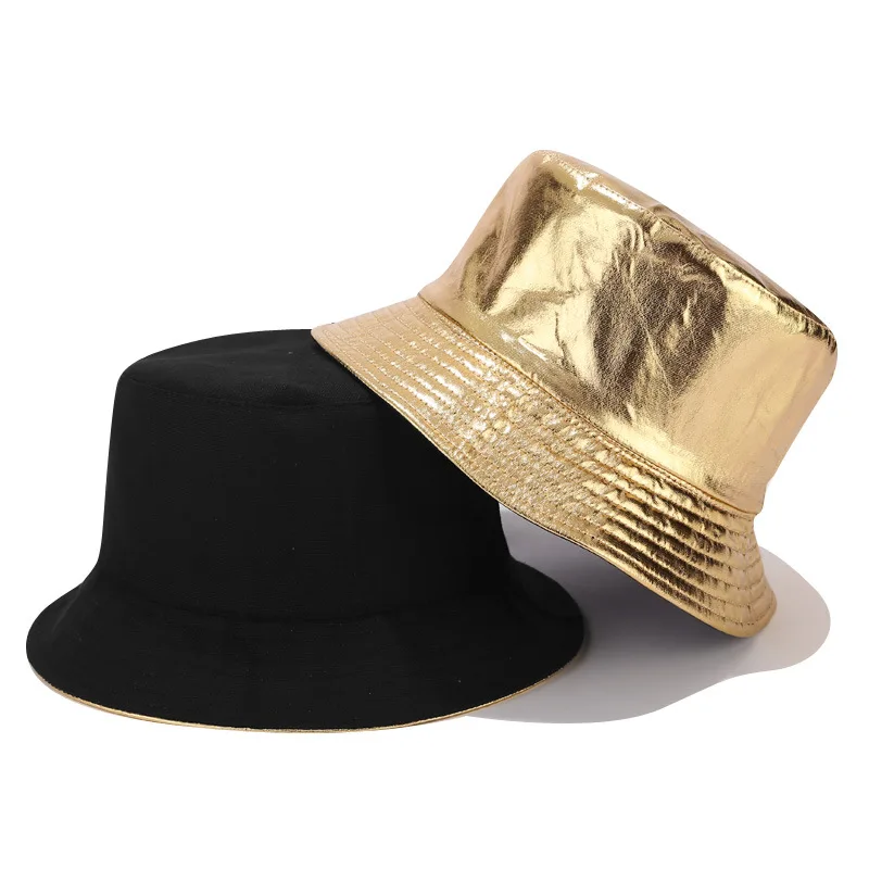 

Free shipping instock bulk wholesale bucket hats plain gold Metallic Bucket Hat Trendy Fisherman Hats Reversible Packable Cap, Many